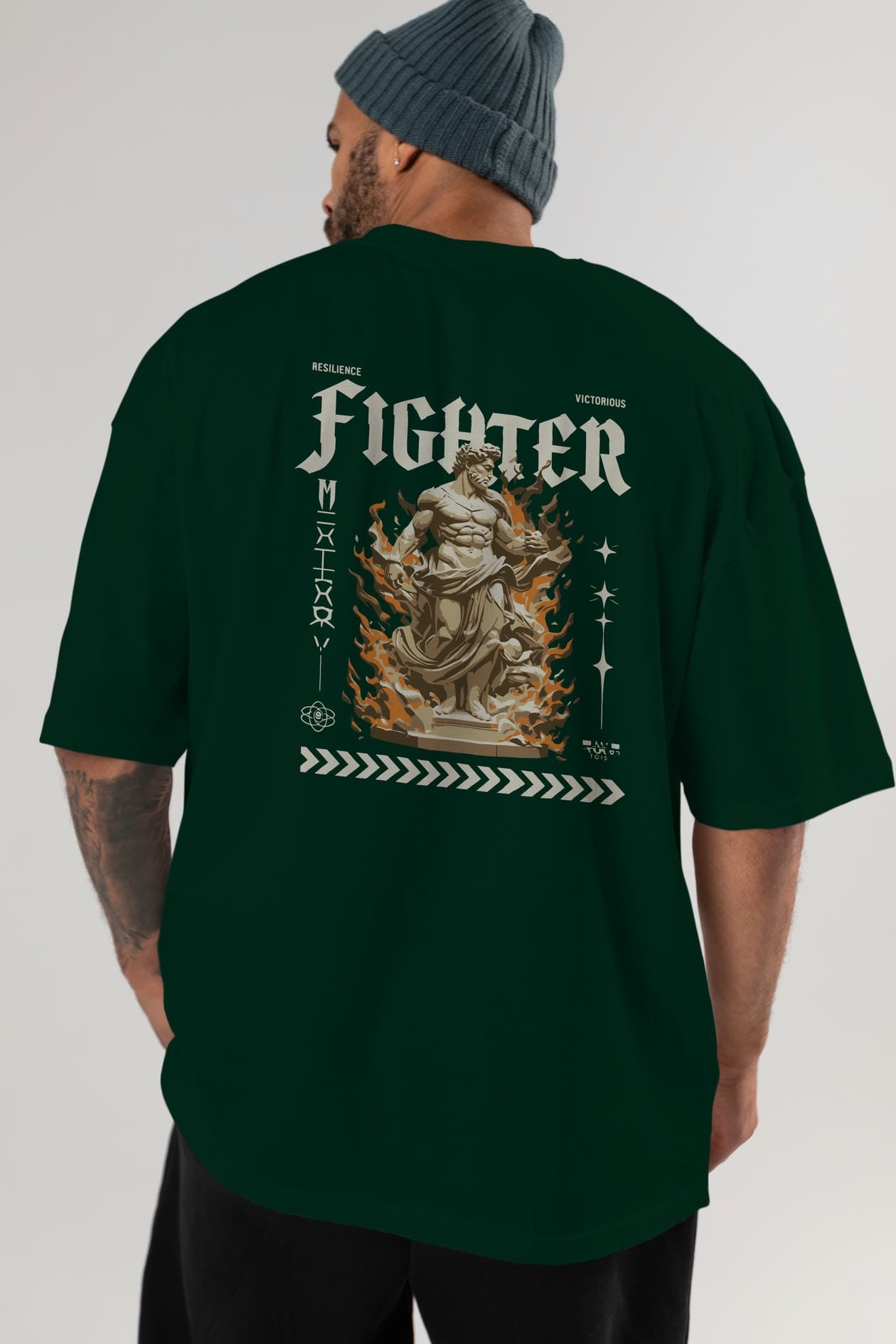 Fighter Arka Baskılı Oversize t-shirt Erkek Kadın %100 Pamuk Bisiklet Yaka tişort