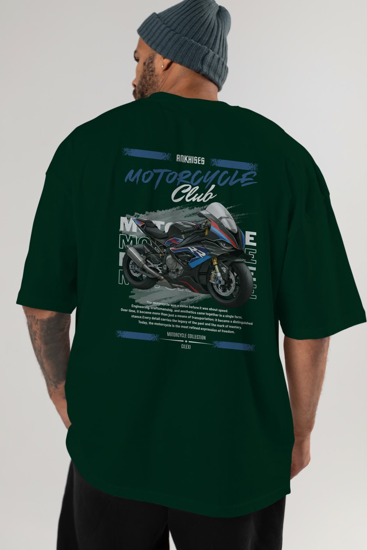Motosiklet Serisi 1 Arka Baskılı Oversize t-shirt Erkek Kadın %100 Pamuk Bisiklet Yaka tişort