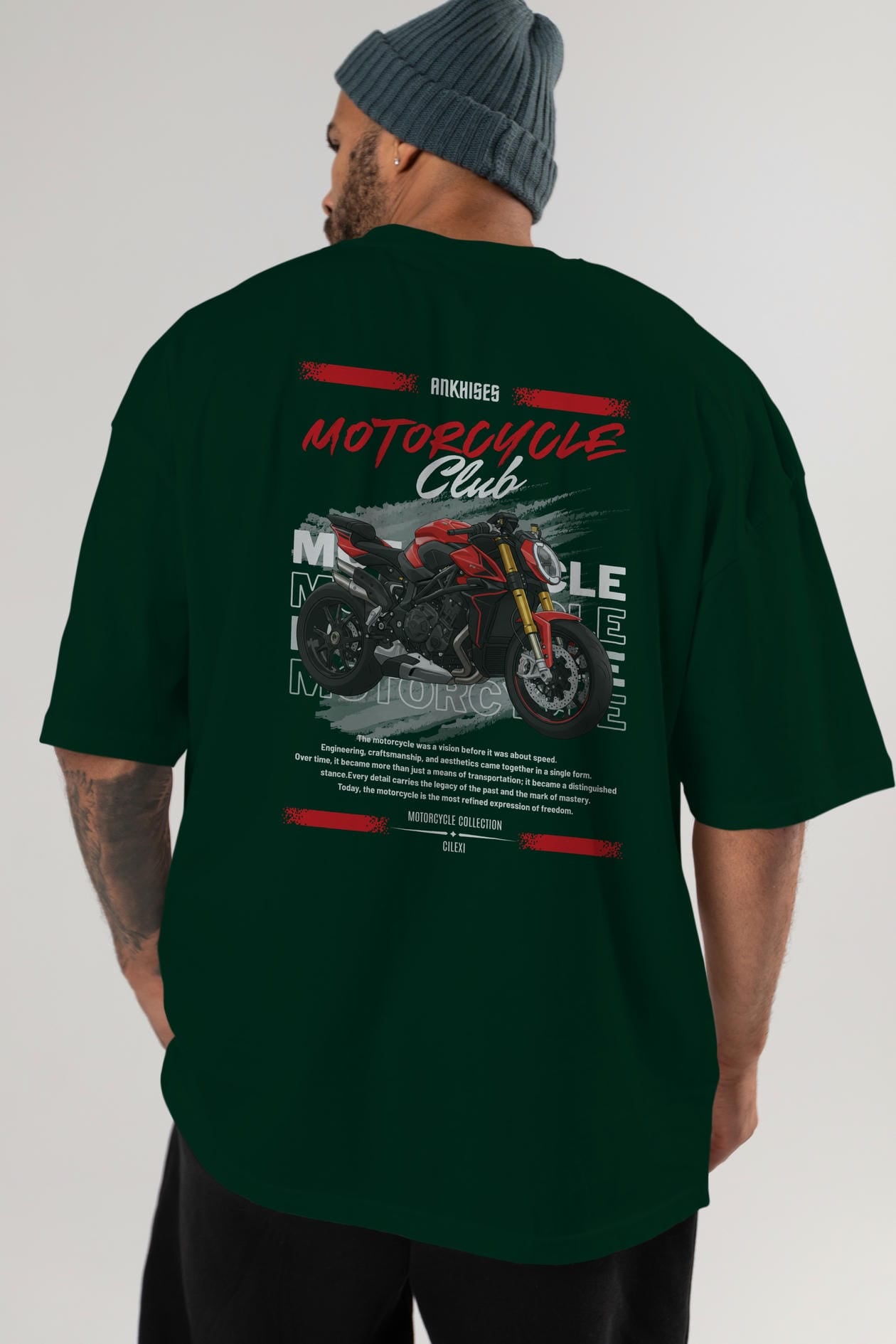 Motosiklet Serisi 26 Arka Baskılı Oversize t-shirt Erkek Kadın %100 Pamuk Bisiklet Yaka tişort