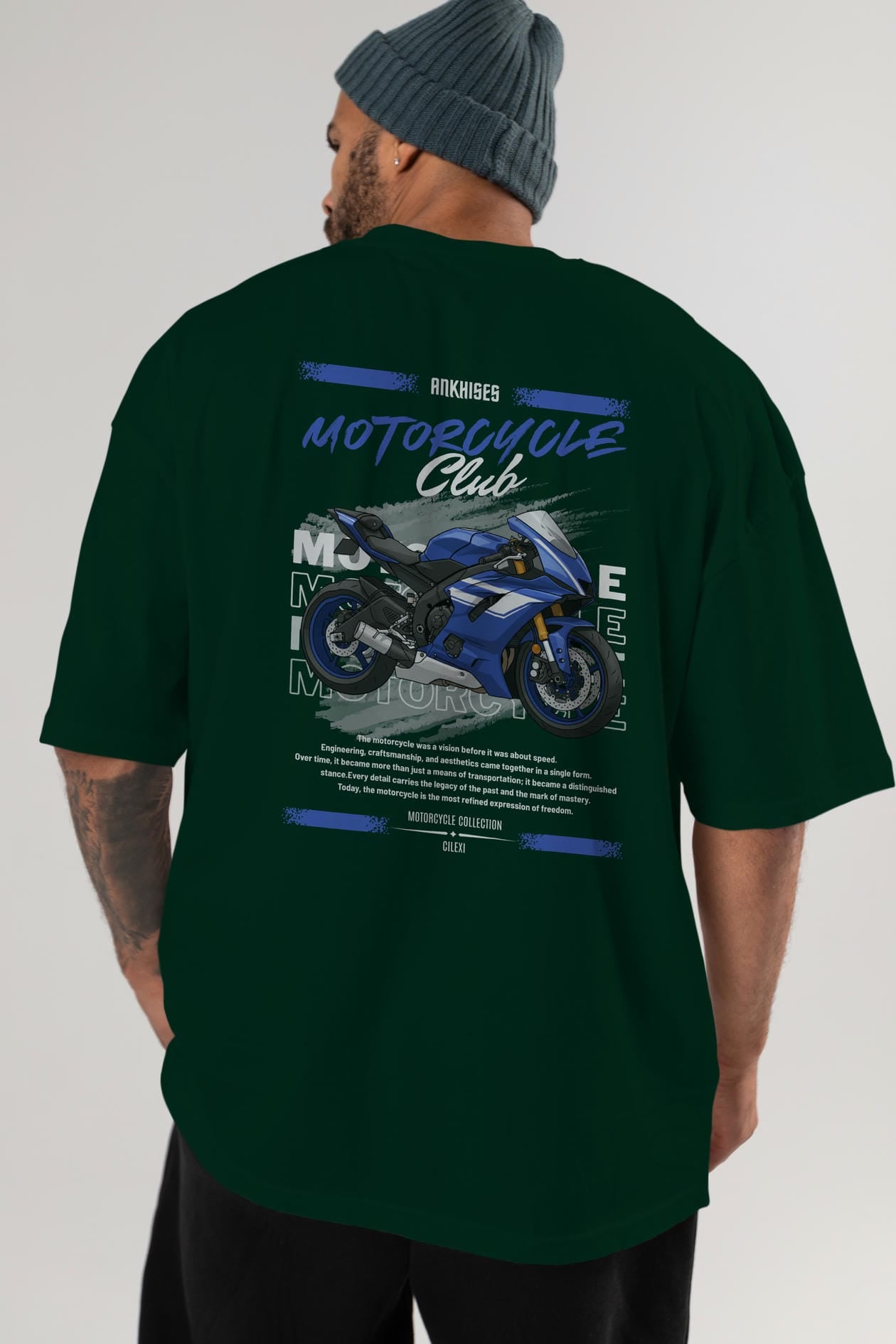 Motosiklet Serisi 32 Arka Baskılı Oversize t-shirt Erkek Kadın %100 Pamuk Bisiklet Yaka tişort