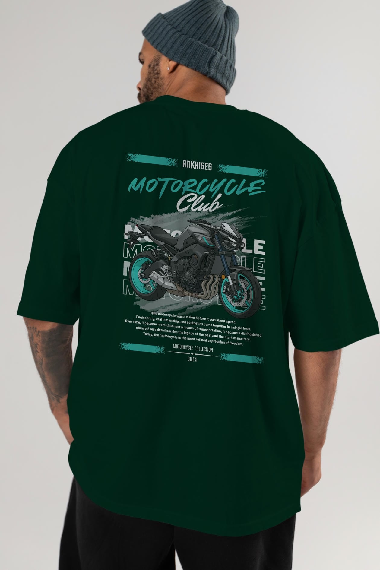Motosiklet Serisi 21 Arka Baskılı Oversize t-shirt Erkek Kadın %100 Pamuk Bisiklet Yaka tişort