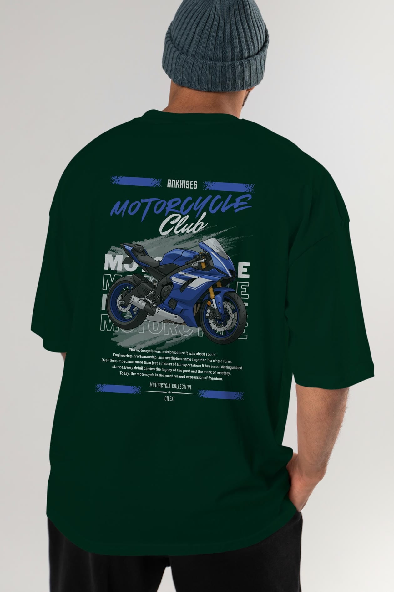 Motosiklet Serisi 32 Arka Baskılı Oversize t-shirt Erkek Kadın %100 Pamuk Bisiklet Yaka tişort