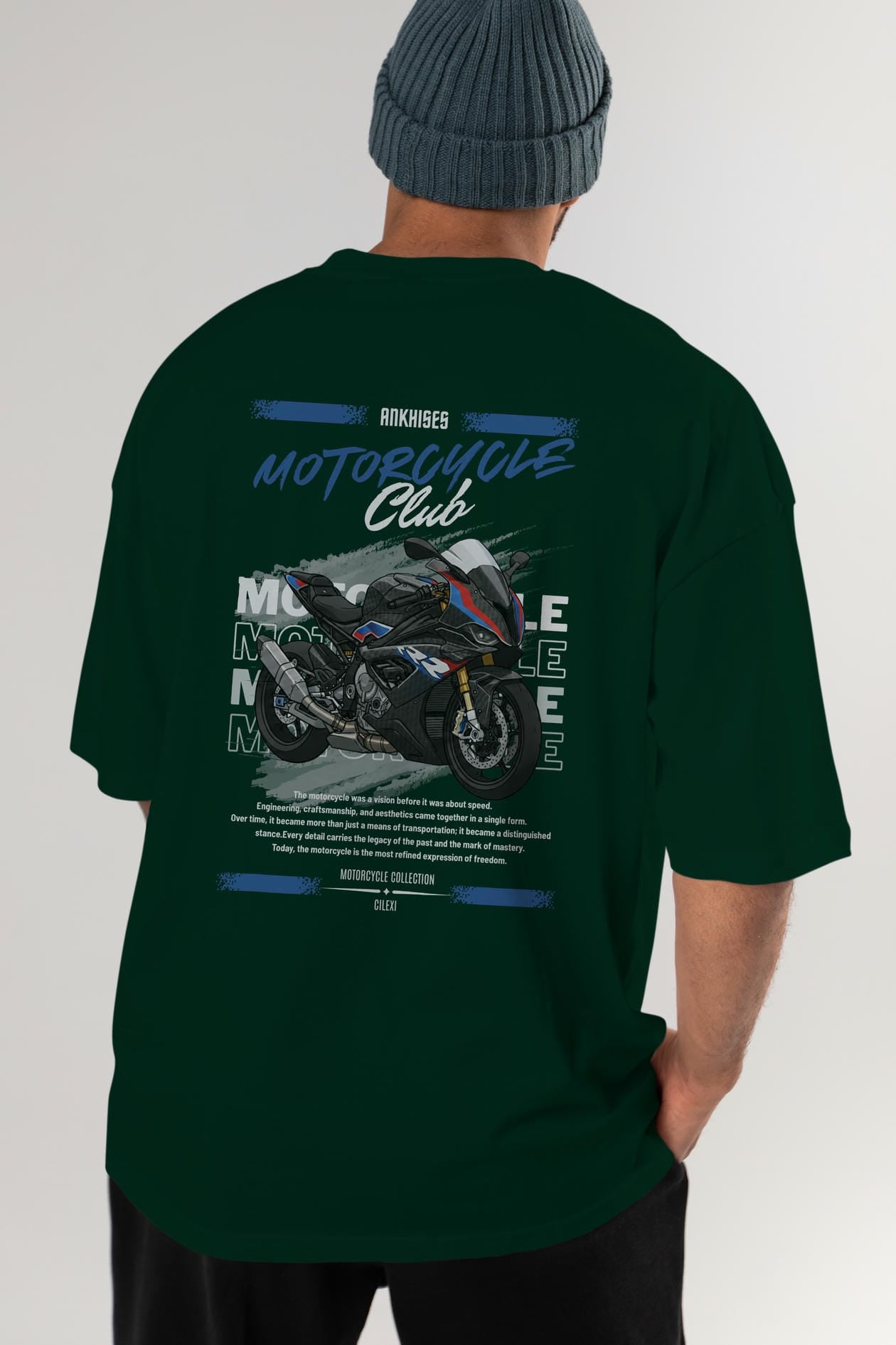 Motosiklet Serisi 2 Arka Baskılı Oversize t-shirt Erkek Kadın %100 Pamuk Bisiklet Yaka tişort
