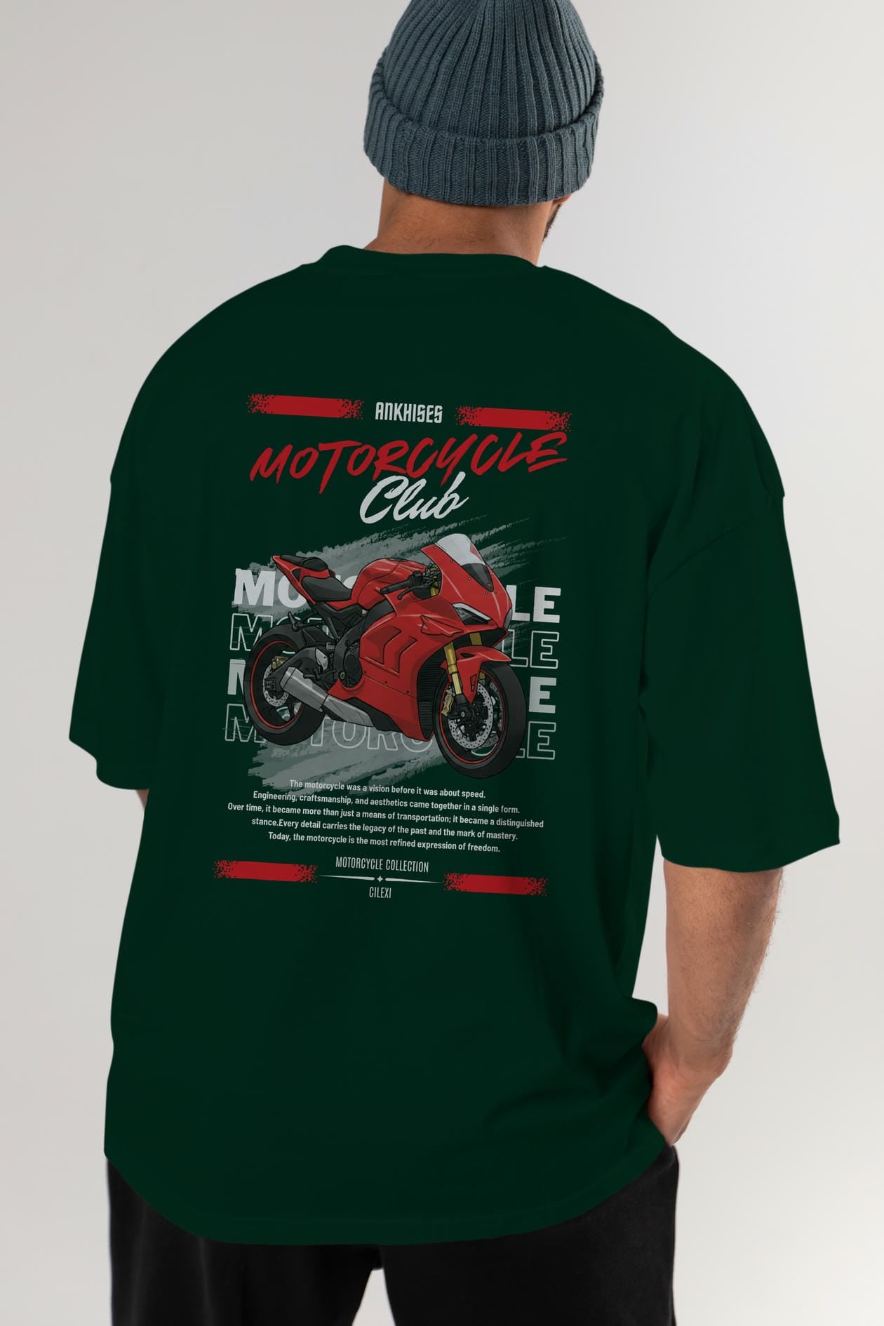 Motosiklet Serisi 7 Arka Baskılı Oversize t-shirt Erkek Kadın %100 Pamuk Bisiklet Yaka tişort