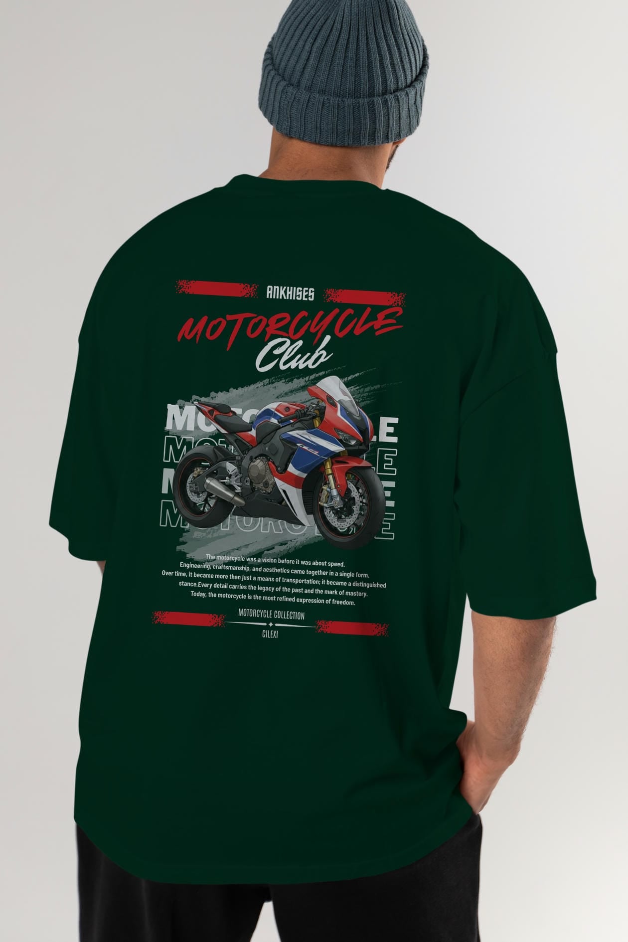 Motosiklet Serisi 3 Arka Baskılı Oversize t-shirt Erkek Kadın %100 Pamuk Bisiklet Yaka tişort