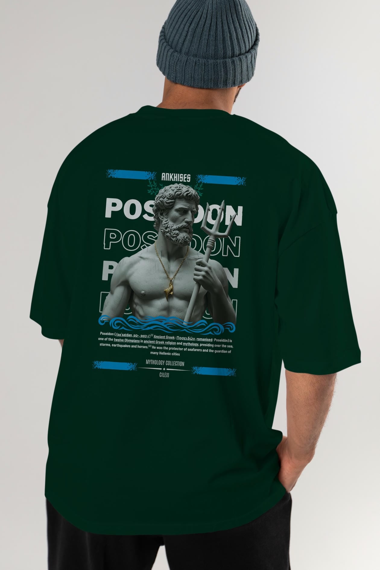 Poseidon 3 Arka Baskılı Oversize t-shirt Erkek Kadın %100 Pamuk Bisiklet Yaka tişort