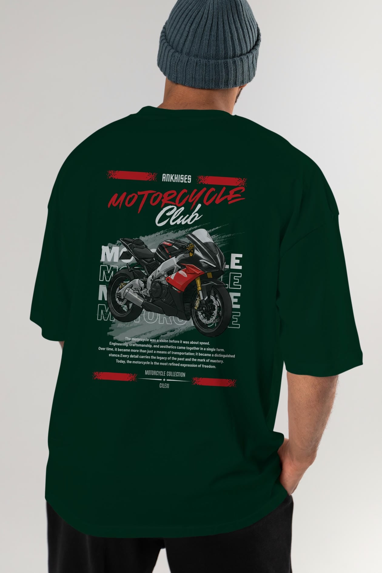 Motosiklet Serisi 8 Arka Baskılı Oversize t-shirt Erkek Kadın %100 Pamuk Bisiklet Yaka tişort