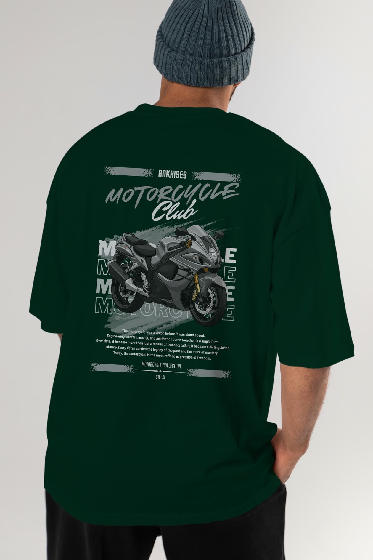 Motosiklet Serisi 9 Arka Baskılı Oversize t-shirt Erkek Kadın %100 Pamuk Bisiklet Yaka tişort