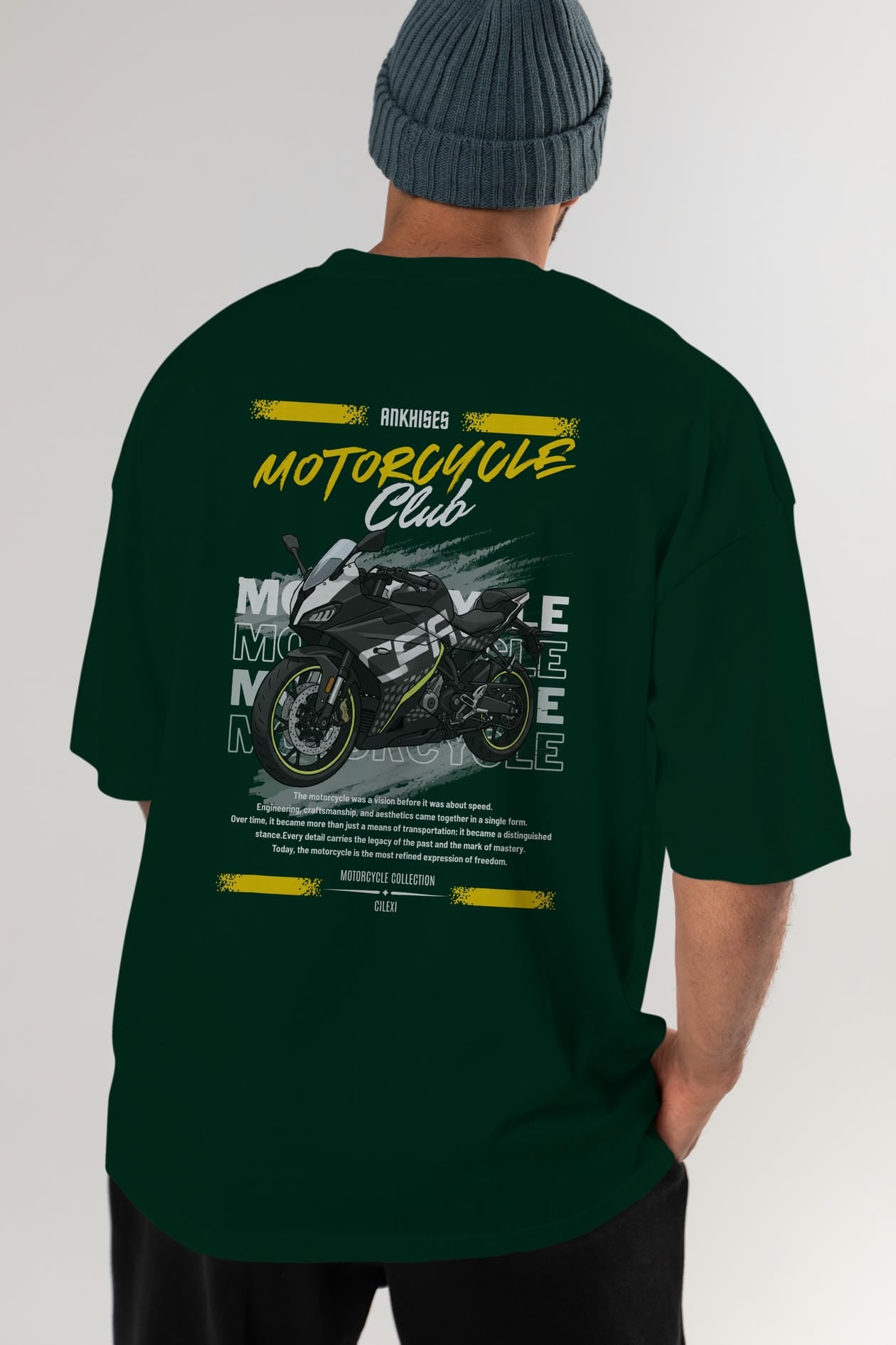 Motosiklet Serisi 16 Arka Baskılı Oversize t-shirt Erkek Kadın %100 Pamuk Bisiklet Yaka tişort