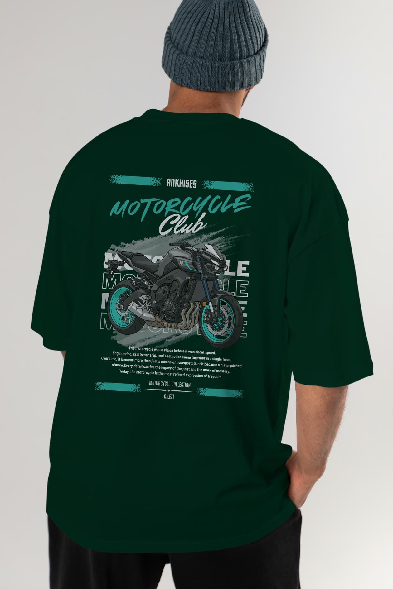 Motosiklet Serisi 21 Arka Baskılı Oversize t-shirt Erkek Kadın %100 Pamuk Bisiklet Yaka tişort