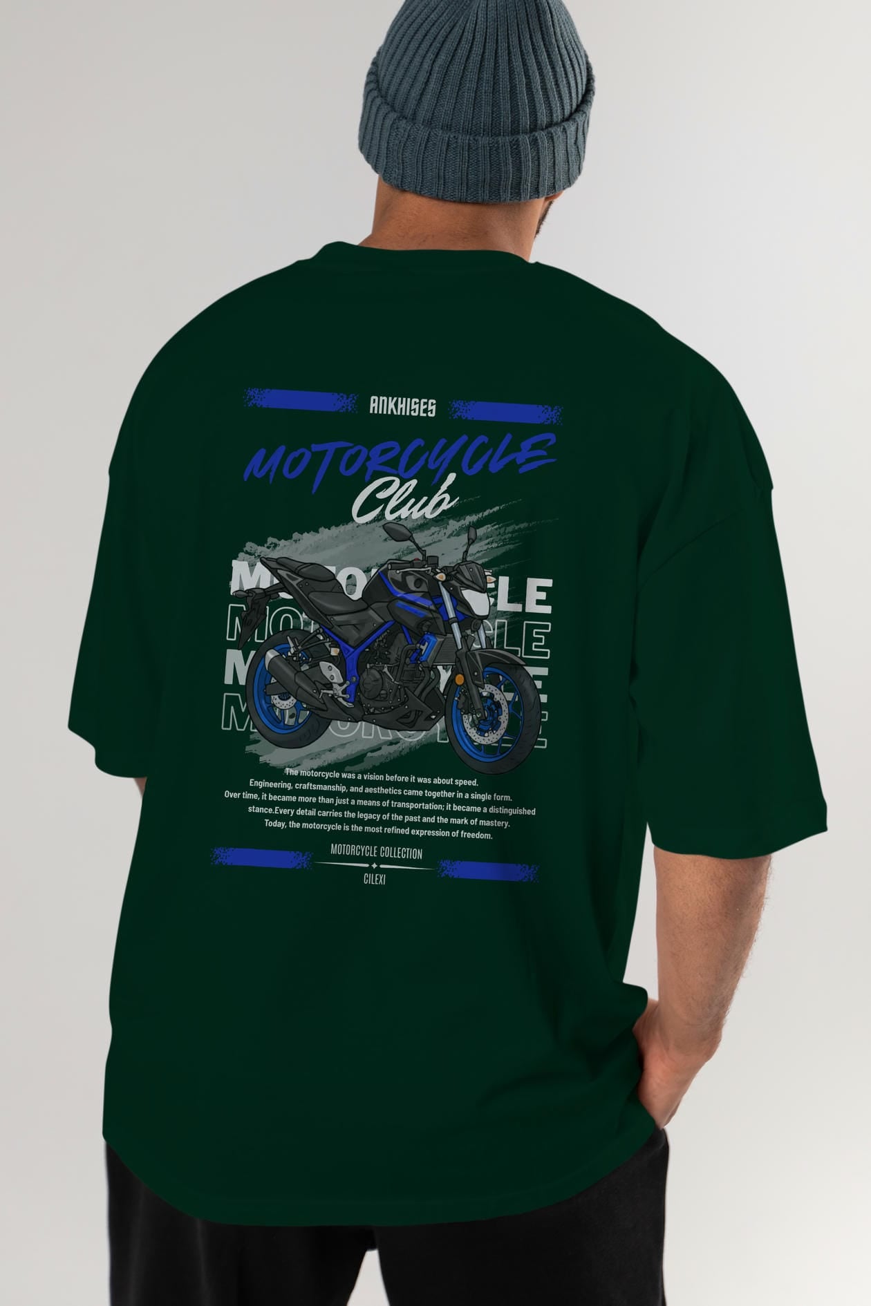 Motosiklet Serisi 22 Arka Baskılı Oversize t-shirt Erkek Kadın %100 Pamuk Bisiklet Yaka tişort