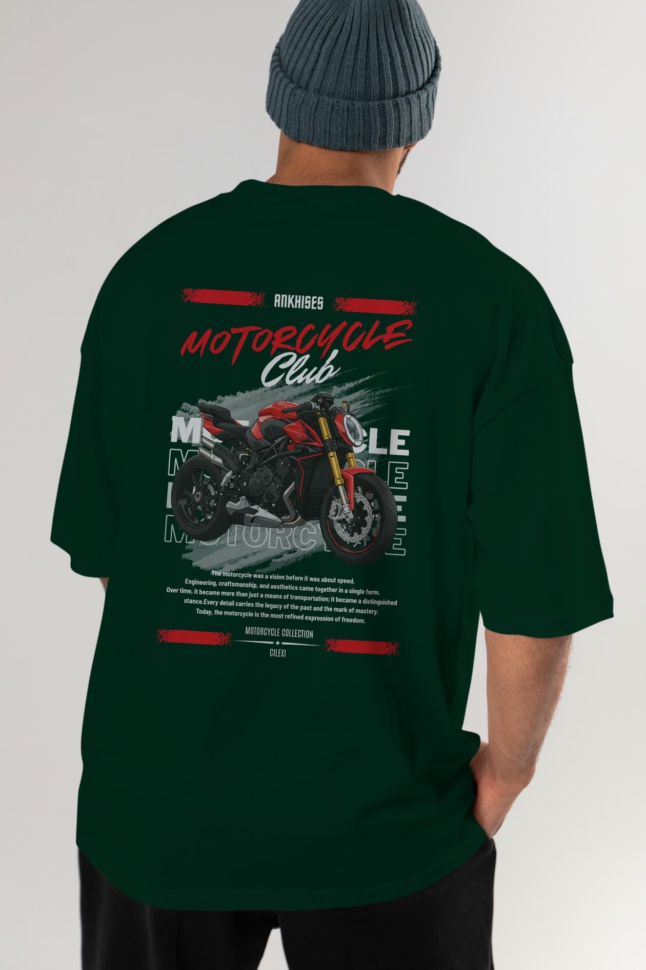 Motosiklet Serisi 26 Arka Baskılı Oversize t-shirt Erkek Kadın %100 Pamuk Bisiklet Yaka tişort