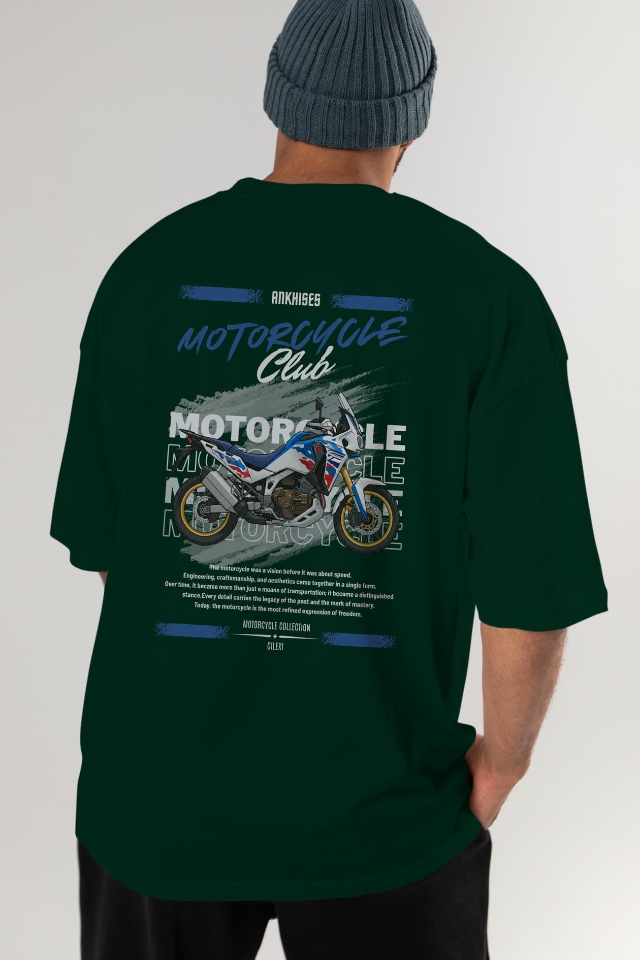 Motosiklet Serisi 23 Arka Baskılı Oversize t-shirt Erkek Kadın %100 Pamuk Bisiklet Yaka tişort