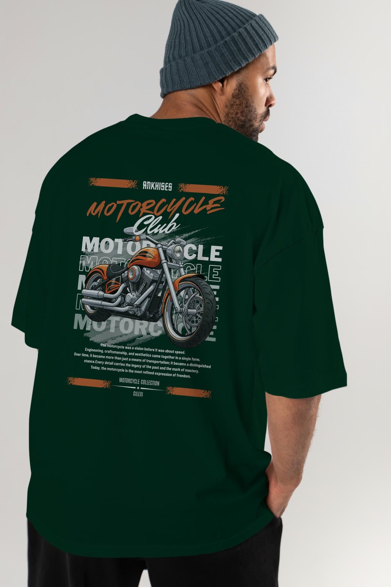 Motosiklet Serisi 34 Arka Baskılı Oversize t-shirt Erkek Kadın %100 Pamuk Bisiklet Yaka tişort