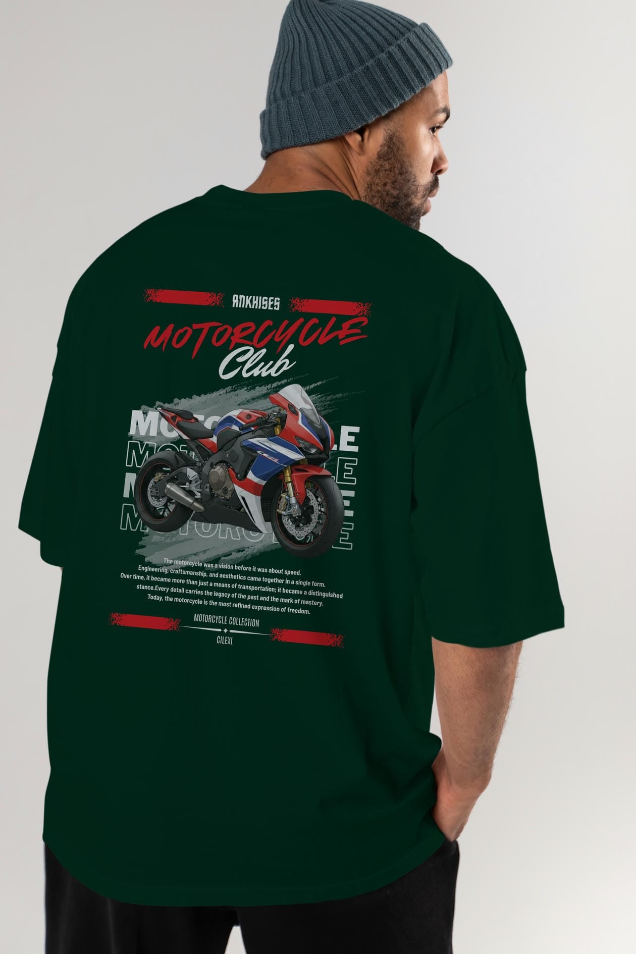 Motosiklet Serisi 3 Arka Baskılı Oversize t-shirt Erkek Kadın %100 Pamuk Bisiklet Yaka tişort