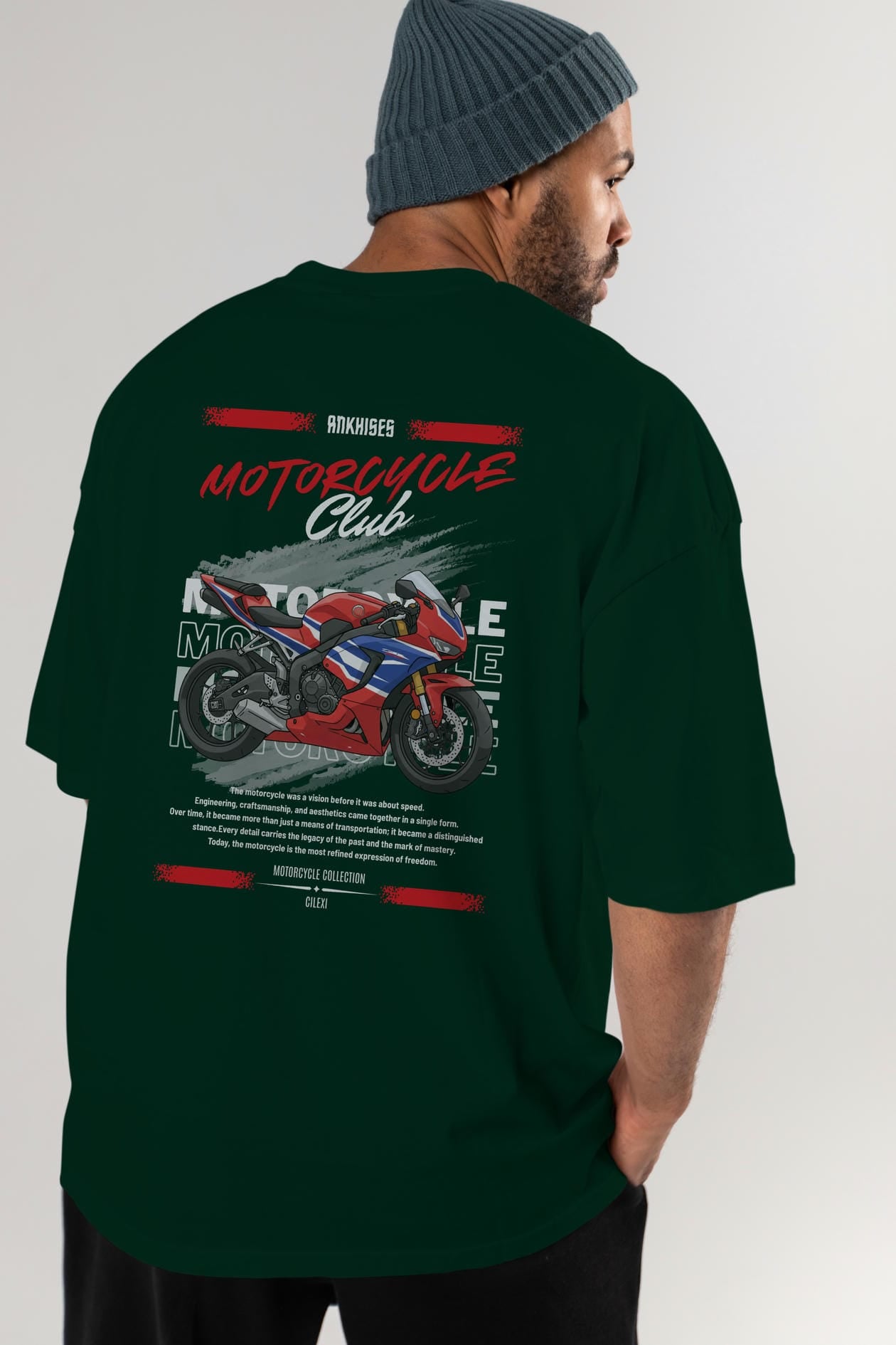 Motosiklet Serisi 25 Arka Baskılı Oversize t-shirt Erkek Kadın %100 Pamuk Bisiklet Yaka tişort