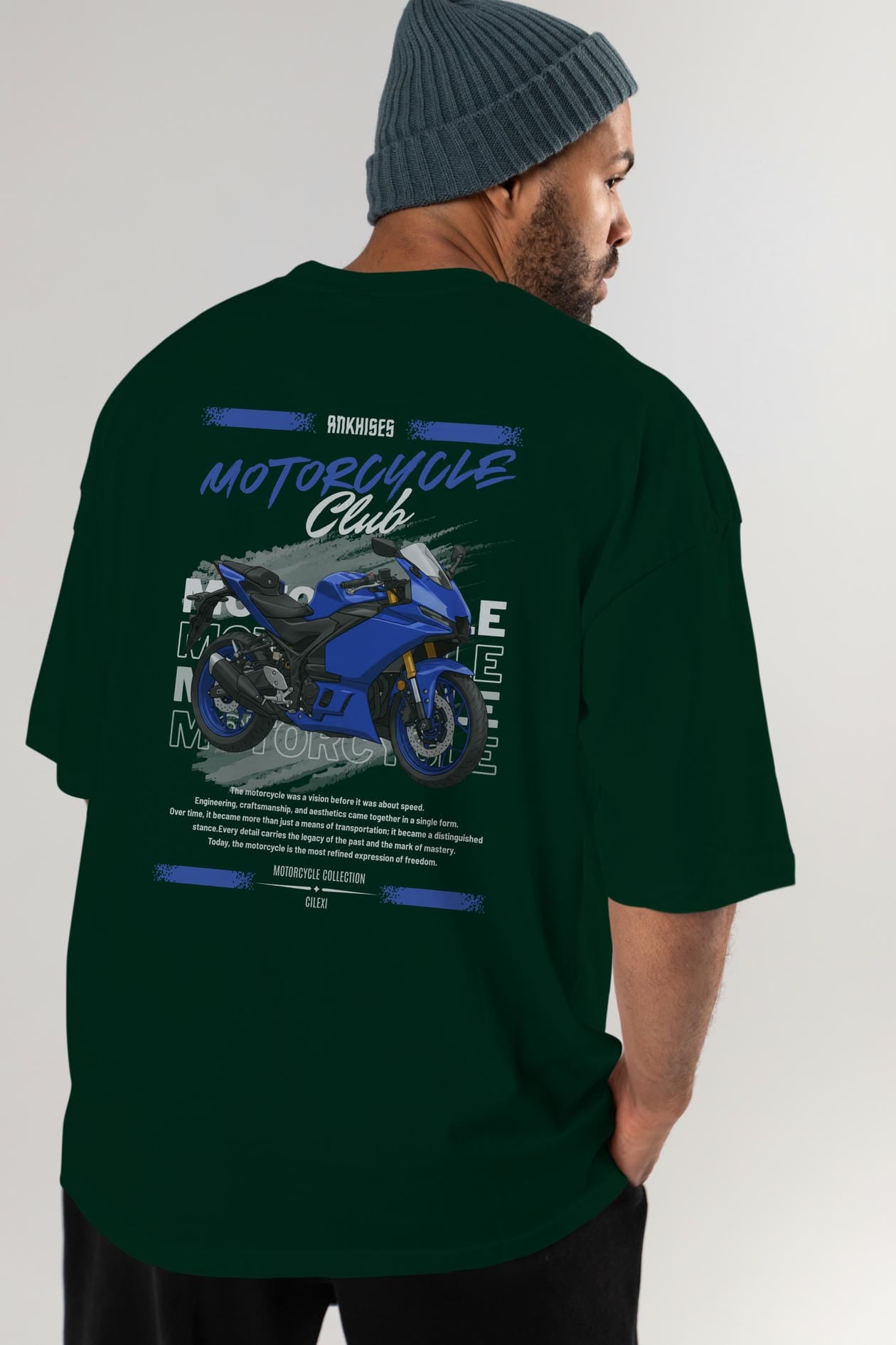 Motosiklet Serisi 33 Arka Baskılı Oversize t-shirt Erkek Kadın %100 Pamuk Bisiklet Yaka tişort