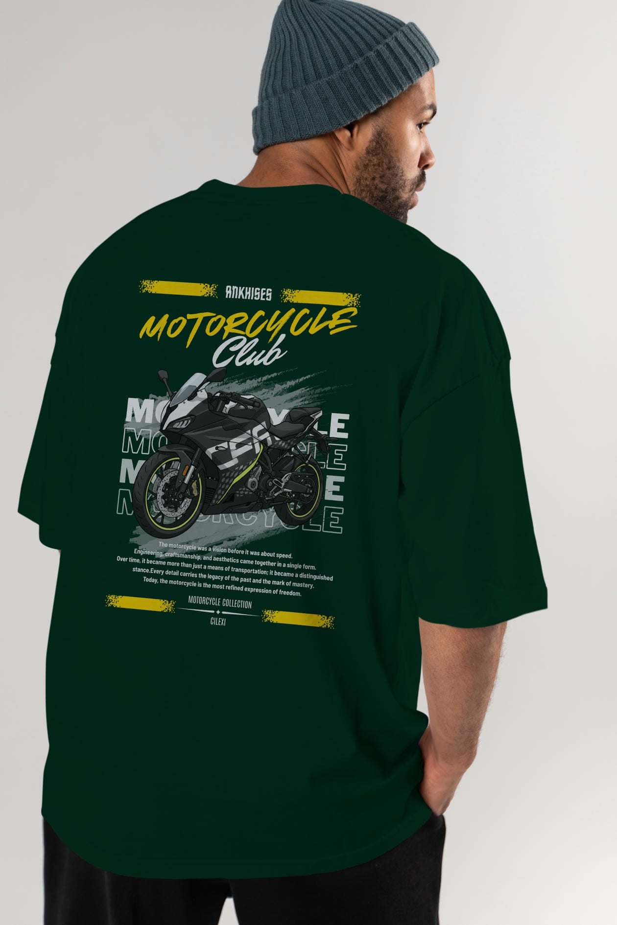 Motosiklet Serisi 16 Arka Baskılı Oversize t-shirt Erkek Kadın %100 Pamuk Bisiklet Yaka tişort