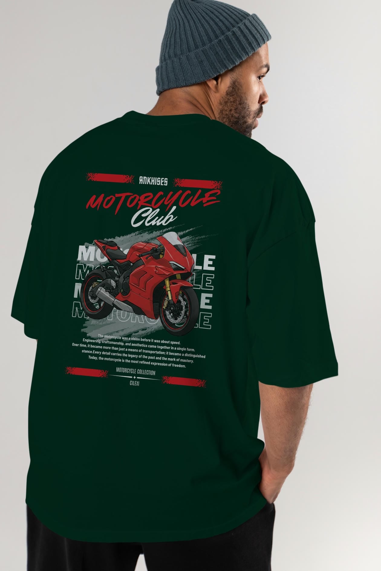 Motosiklet Serisi 7 Arka Baskılı Oversize t-shirt Erkek Kadın %100 Pamuk Bisiklet Yaka tişort