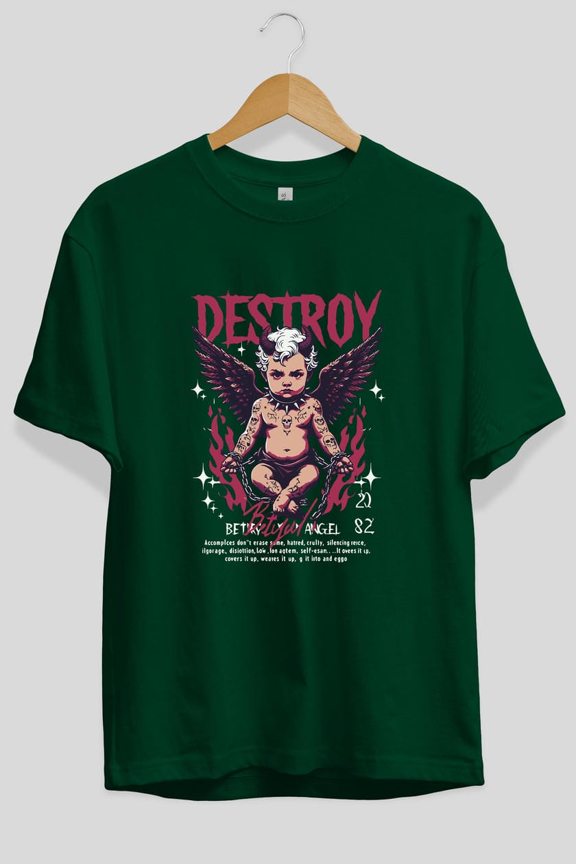 Destroy ön Baskılı Oversize t-shirt Erkek Kadın %100 Pamuk Bisiklet Yaka tişort