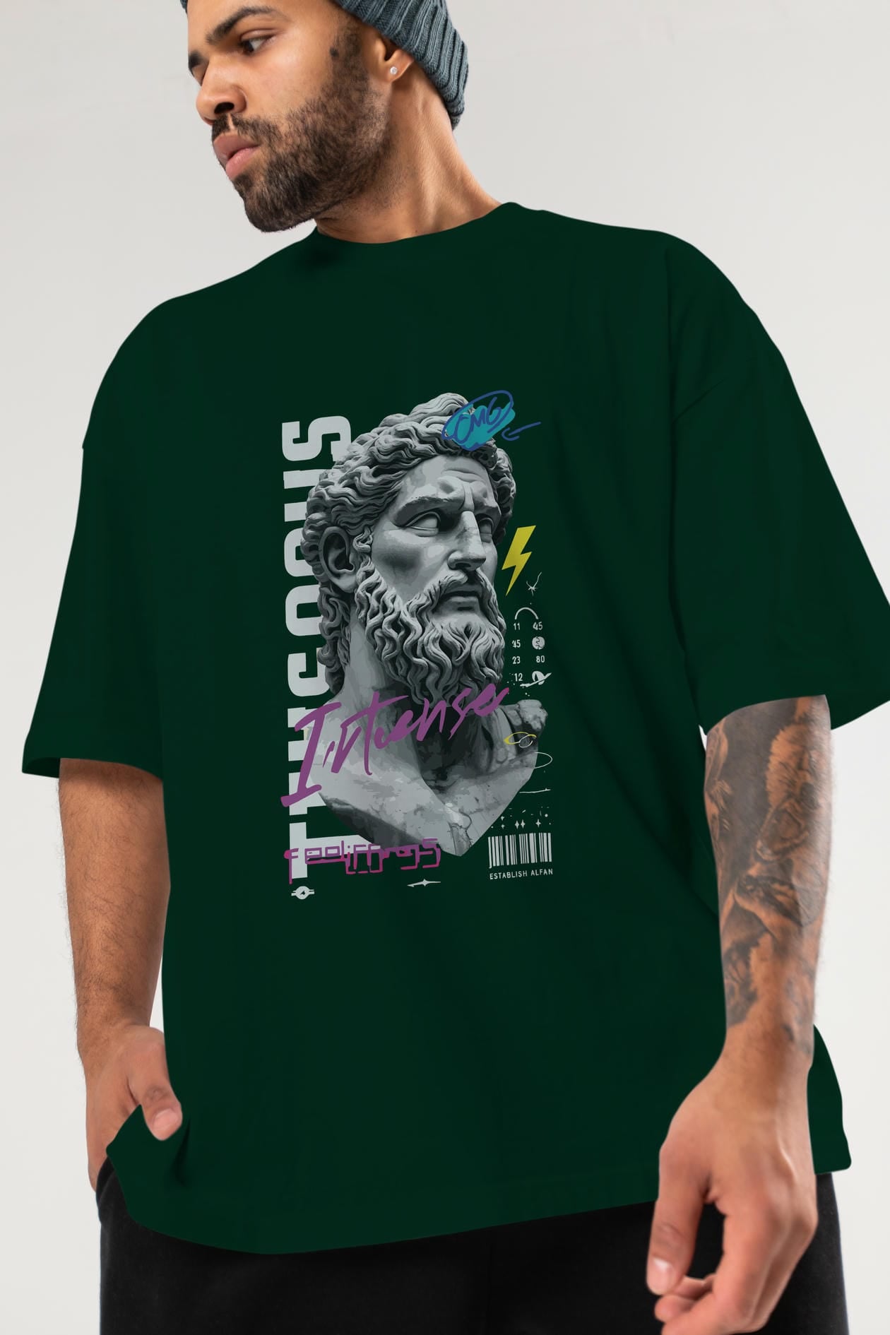 Zeus Intense ön Baskılı Oversize t-shirt Erkek Kadın %100 Pamuk Bisiklet Yaka tişort