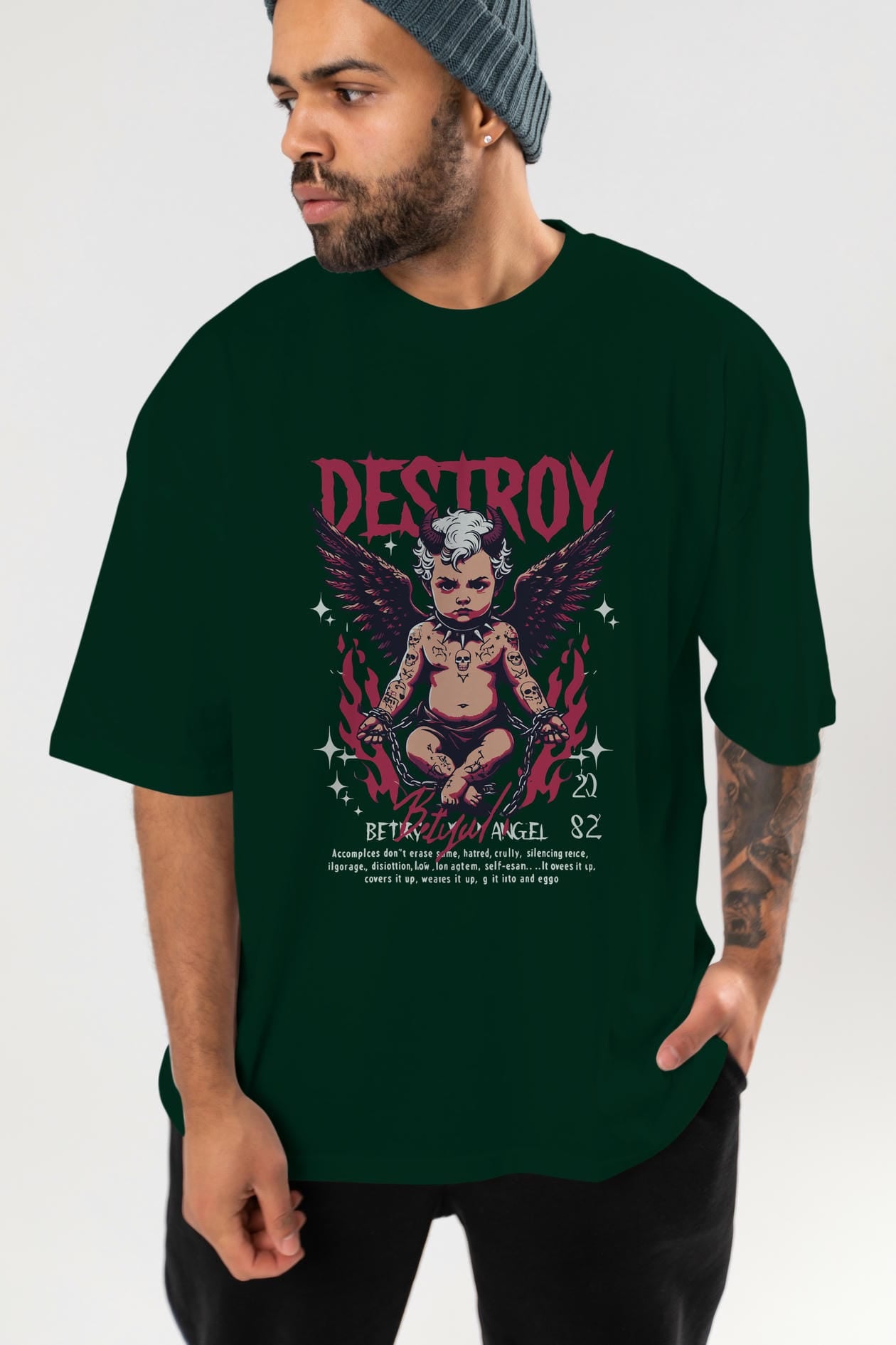 Destroy ön Baskılı Oversize t-shirt Erkek Kadın %100 Pamuk Bisiklet Yaka tişort