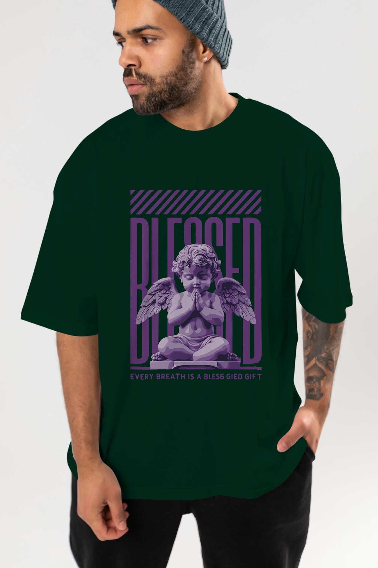 Blessed ön Baskılı Oversize t-shirt Erkek Kadın %100 Pamuk Bisiklet Yaka tişort